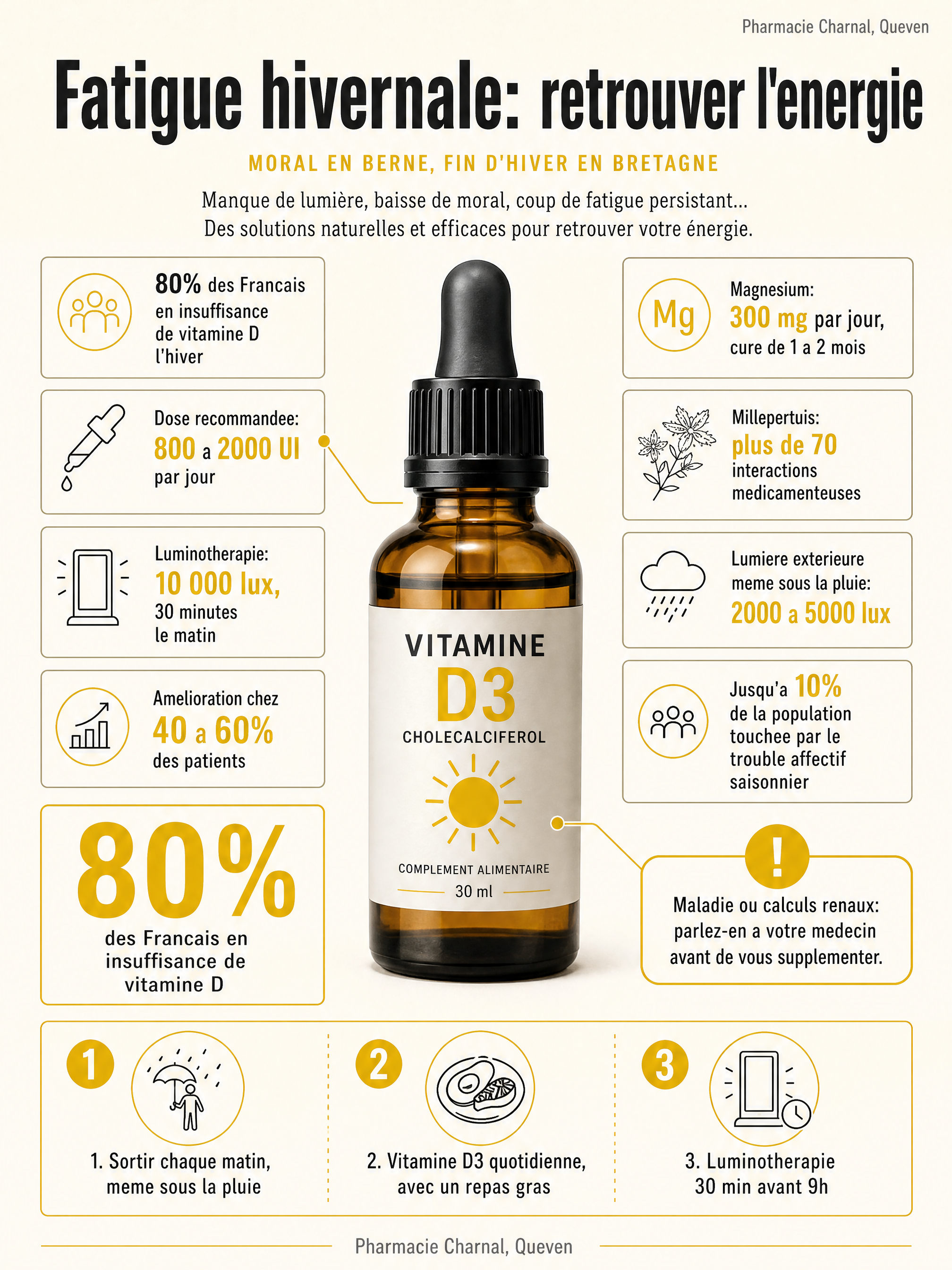 Infographie: fatigue hivernale, vitamine D, luminothérapie, magnésium et safran pour retrouver l'énergie