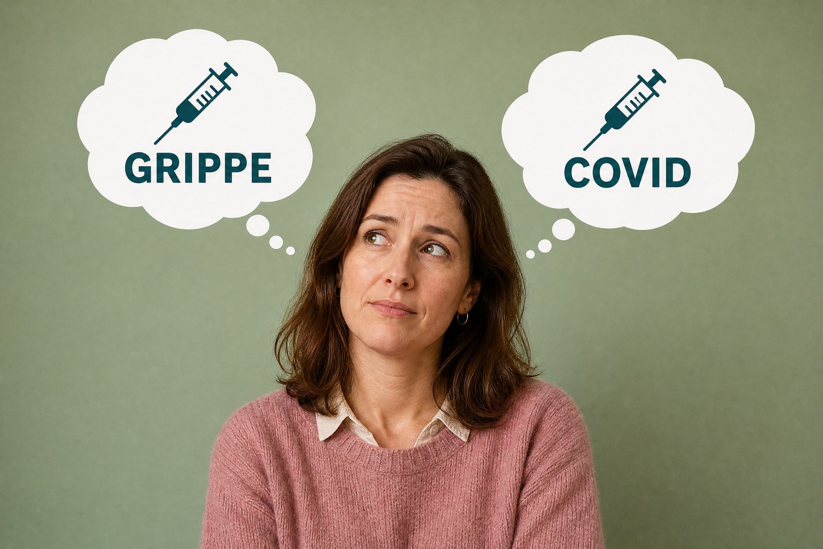 Femme d'une trentaine d'années hésitante, avec deux bulles de pensée « Grippe » et « Covid » au-dessus de sa tête, devant un mur vert sauge, conseils de la Pharmacie Charnal à Quéven sur la grippe et le Covid
