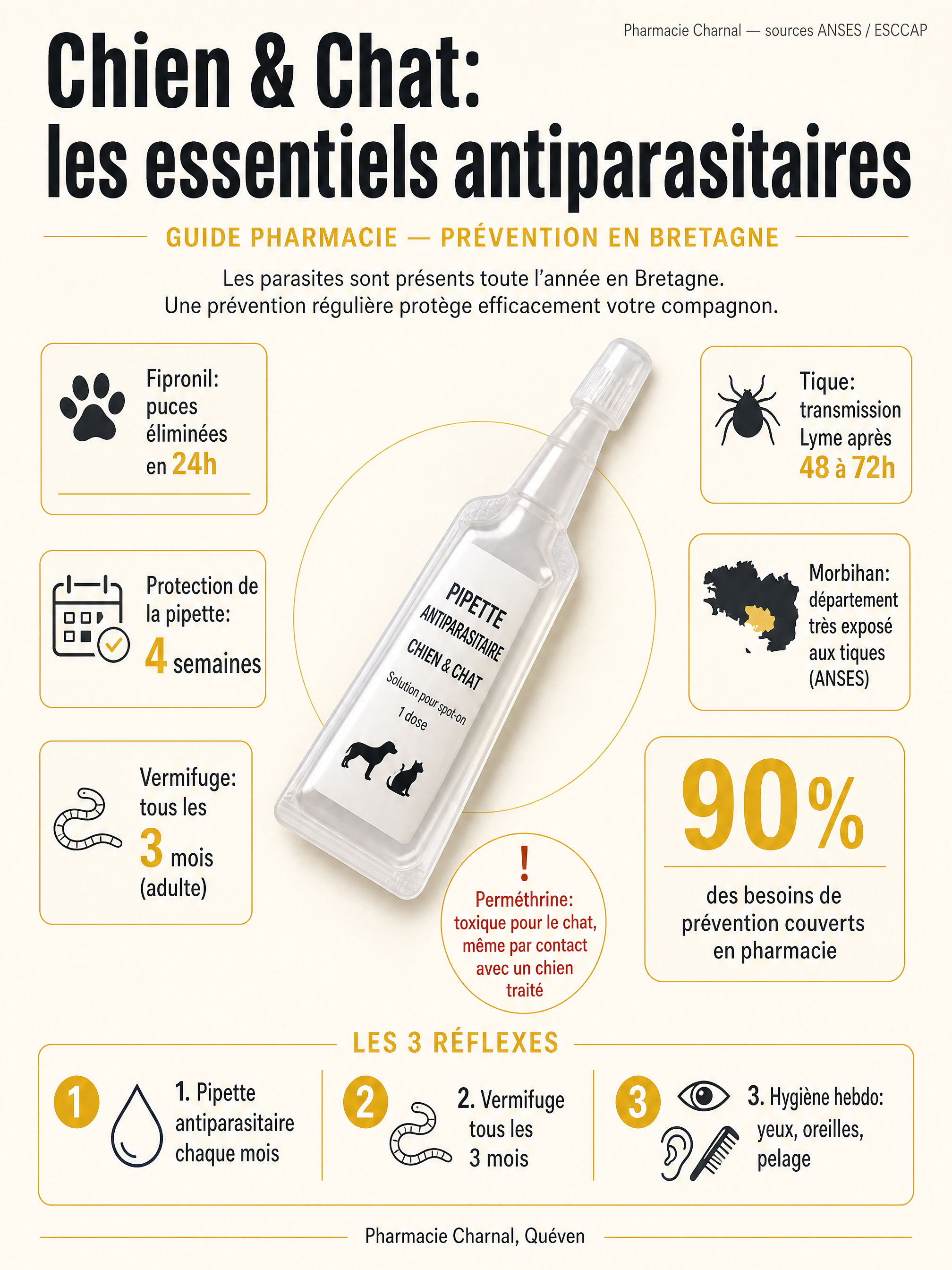 Infographie: la pipette antiparasitaire spot-on chien et chat, chiffres clés puces, tiques et vermifuge, Pharmacie Charnal Quéven