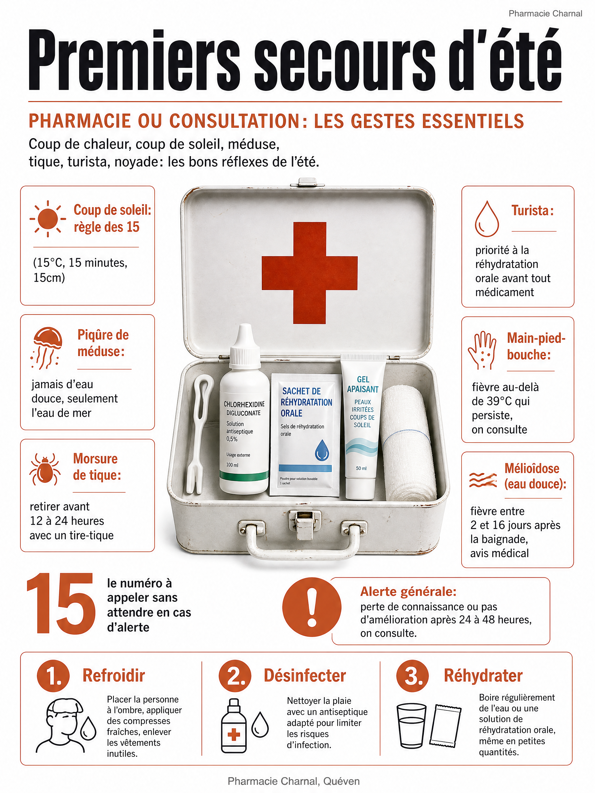 Infographie premiers secours d'été: trousse de secours ouverte avec tire-tique, chlorhexidine, sels de réhydratation orale, gel apaisant, et les gestes essentiels par situation (coup de soleil, méduse, tique, turista, noyade, mains-pieds-bouche, mélio)