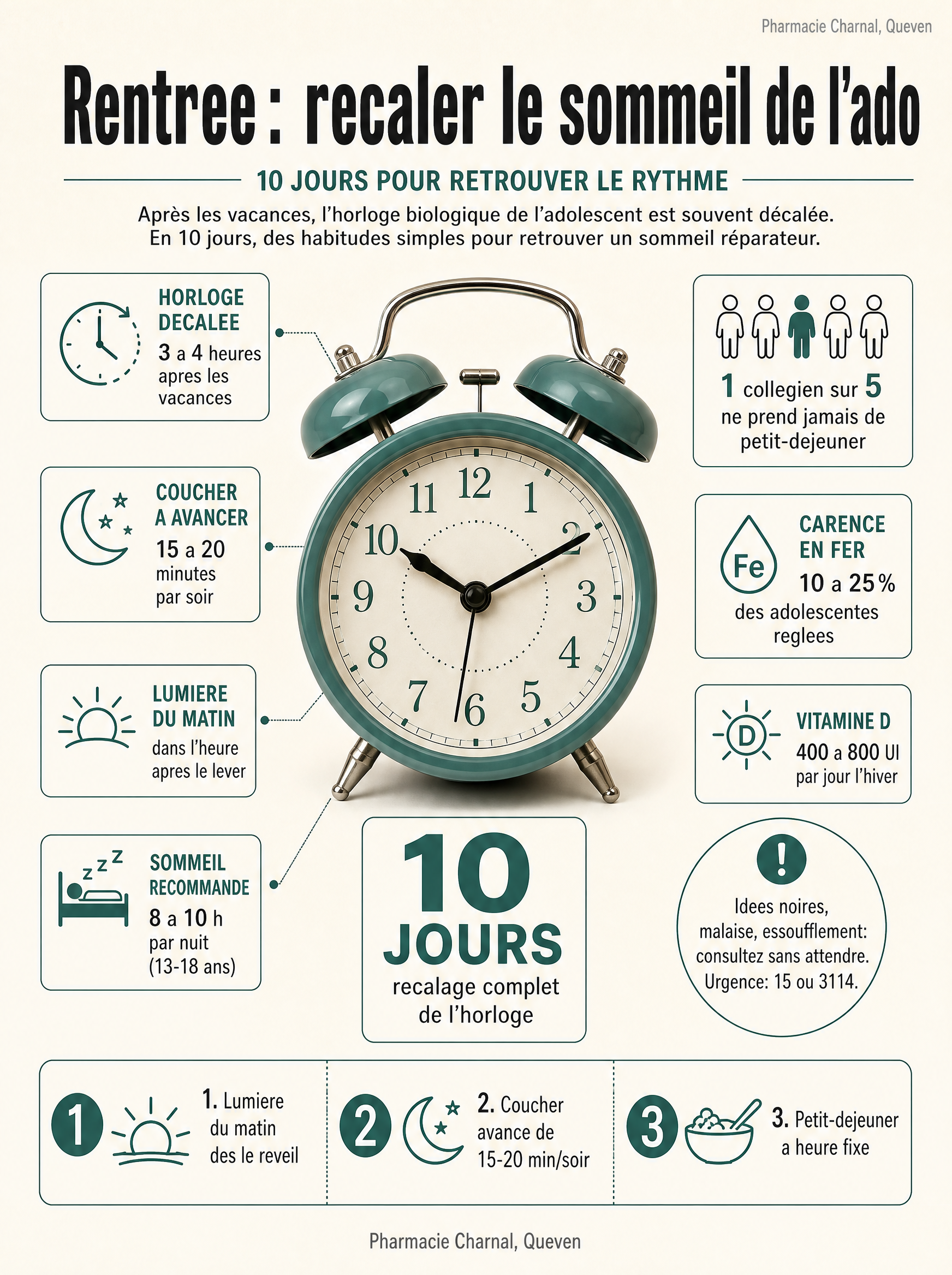 Infographie: recaler le sommeil de l'ado à la rentrée en 10 jours, repères sommeil, fer et vitamine D