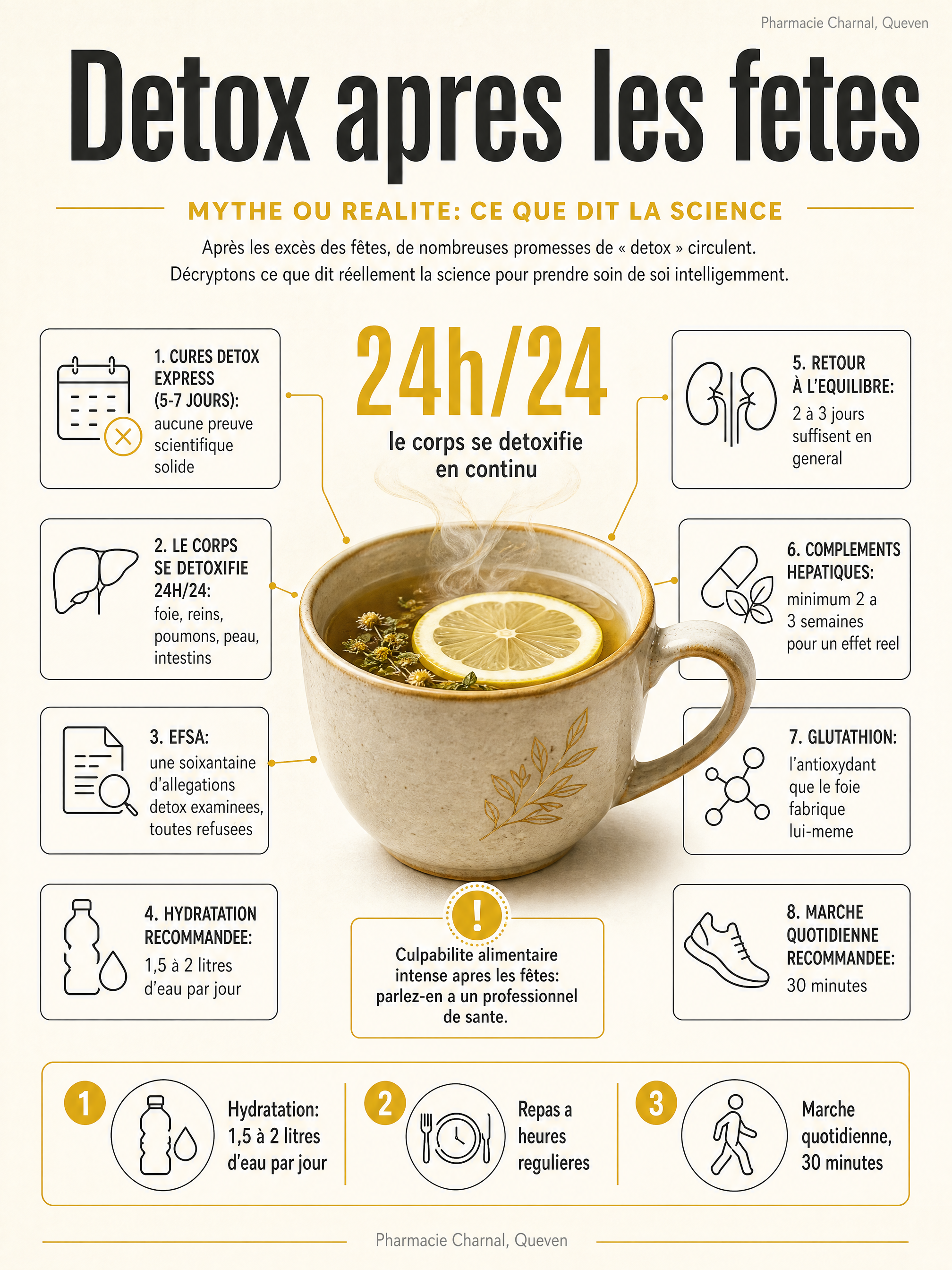 Infographie: détox après les fêtes, mythe ou réalité, comment le corps se détoxifie et les bons réflexes
