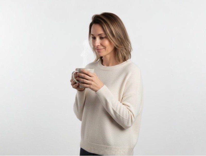 Femme en pull beige tenant une tasse - Bien-être après les fêtes
