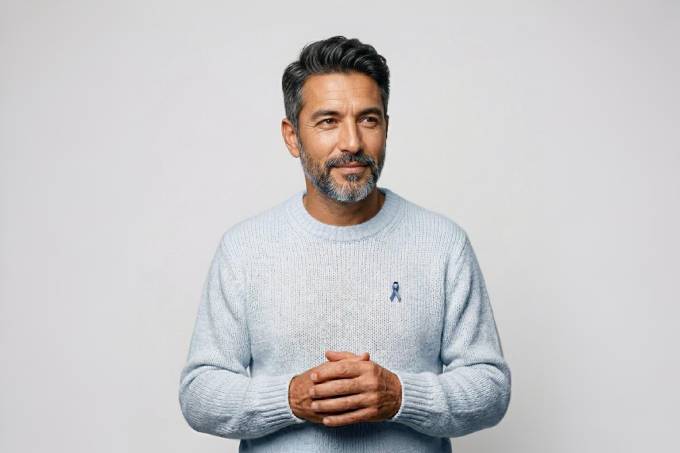 Homme serein portant un ruban bleu — Mars Bleu, dépistage cancer colorectal