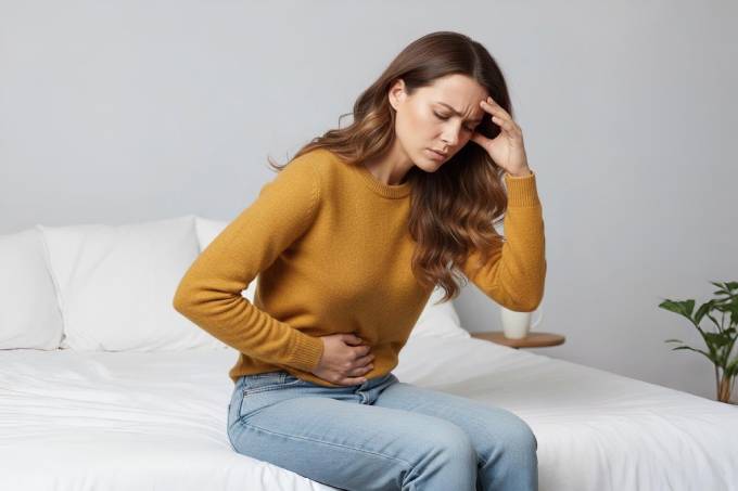 Femme souffrant de crampes abdominales se tenant le ventre - douleurs digestives et spasmes