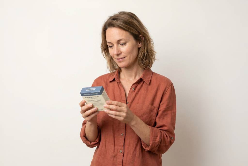 Femme en chemise terracotta lisant l'étiquette d'un complément alimentaire, illustrant l'importance du conseil pharmaceutique