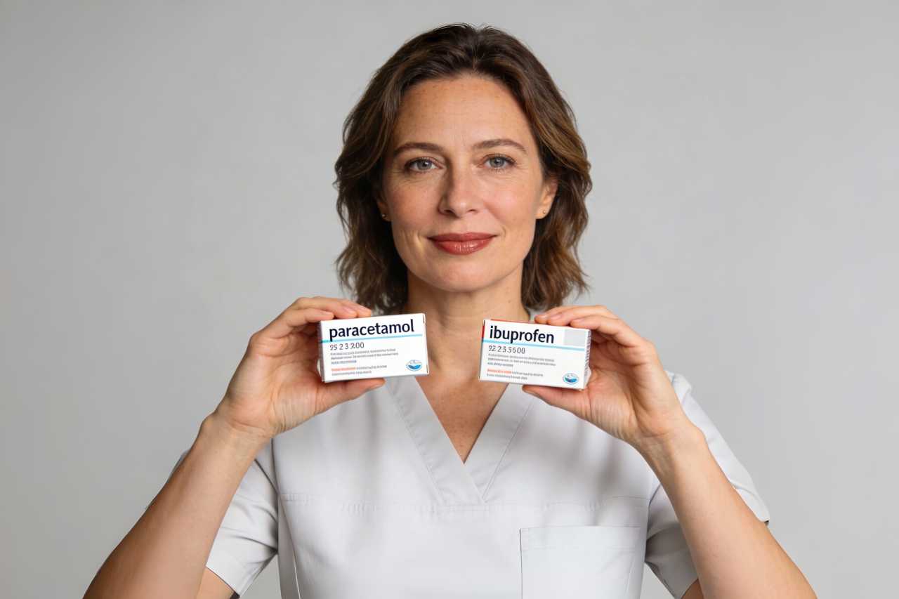 Pharmacienne présentant des boîtes de paracétamol et d'ibuprofène sur fond gris neutre, guide du bon antalgique