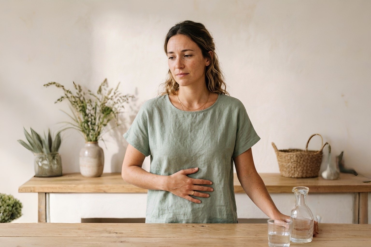 Femme tenant son ventre, inconfort digestif après une intoxication alimentaire, Pharmacie Charnal Quéven