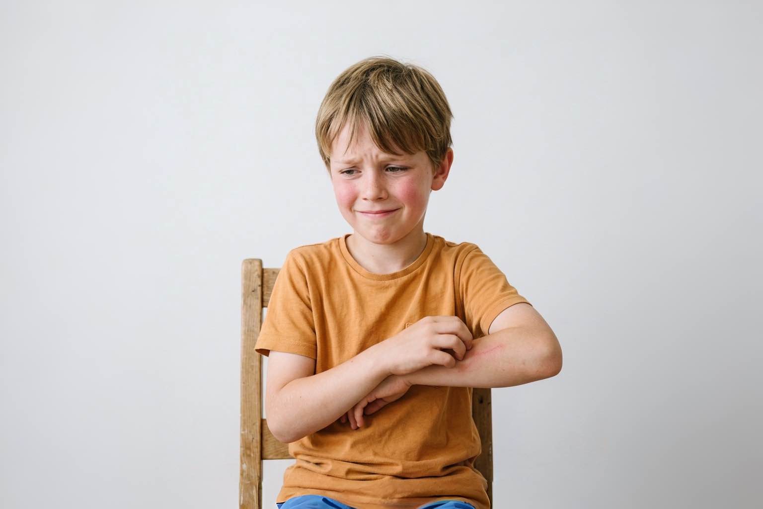 Enfant se grattant l'avant-bras après une piqûre de méduse, conseils Pharmacie Charnal Quéven, Bretagne
