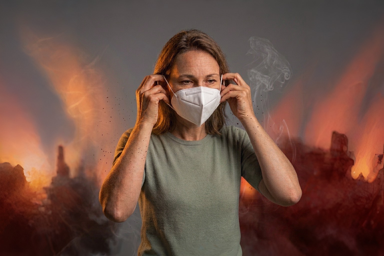 Femme mettant un masque FFP2, fond studio évoquant la fumée, conseils Pharmacie Charnal Bretagne