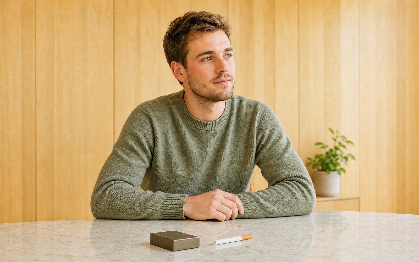 Homme d'une trentaine d'années, pensif et décidé, en pull vert sauge, une cigarette éteinte et un paquet neutre posés devant lui sur une table de marbre, devant un mur en bois clair, conseils de la Pharmacie Charnal à Quéven pour arrêter de fumer
