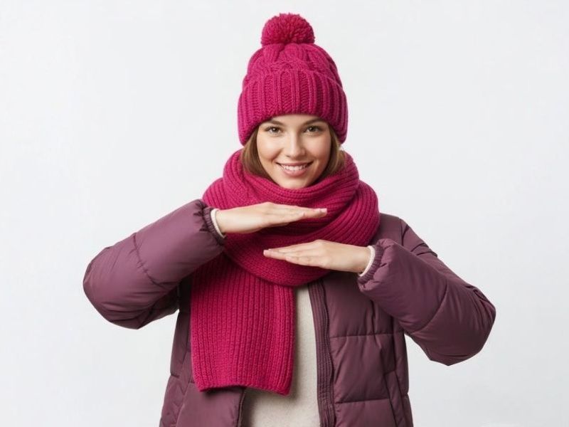 Femme souriante en tenue d'hiver avec bonnet et écharpe roses