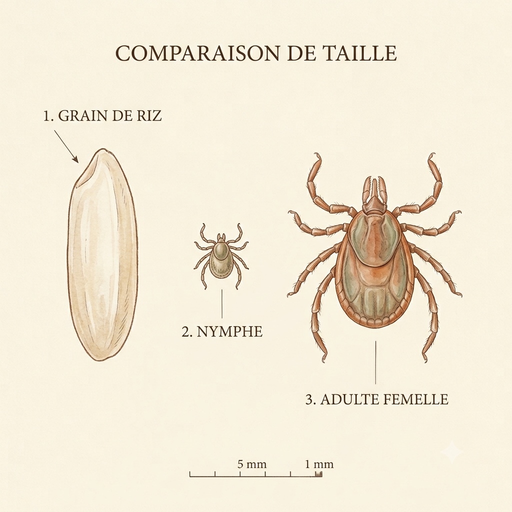 Illustration comparant la taille d'une nymphe et d'une tique adulte femelle à un grain de riz