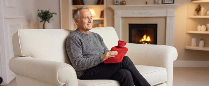 Homme avec bouillotte pour soulager les douleurs articulaires